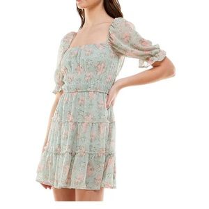 Mini Floral Dress teal with pink flowers size L